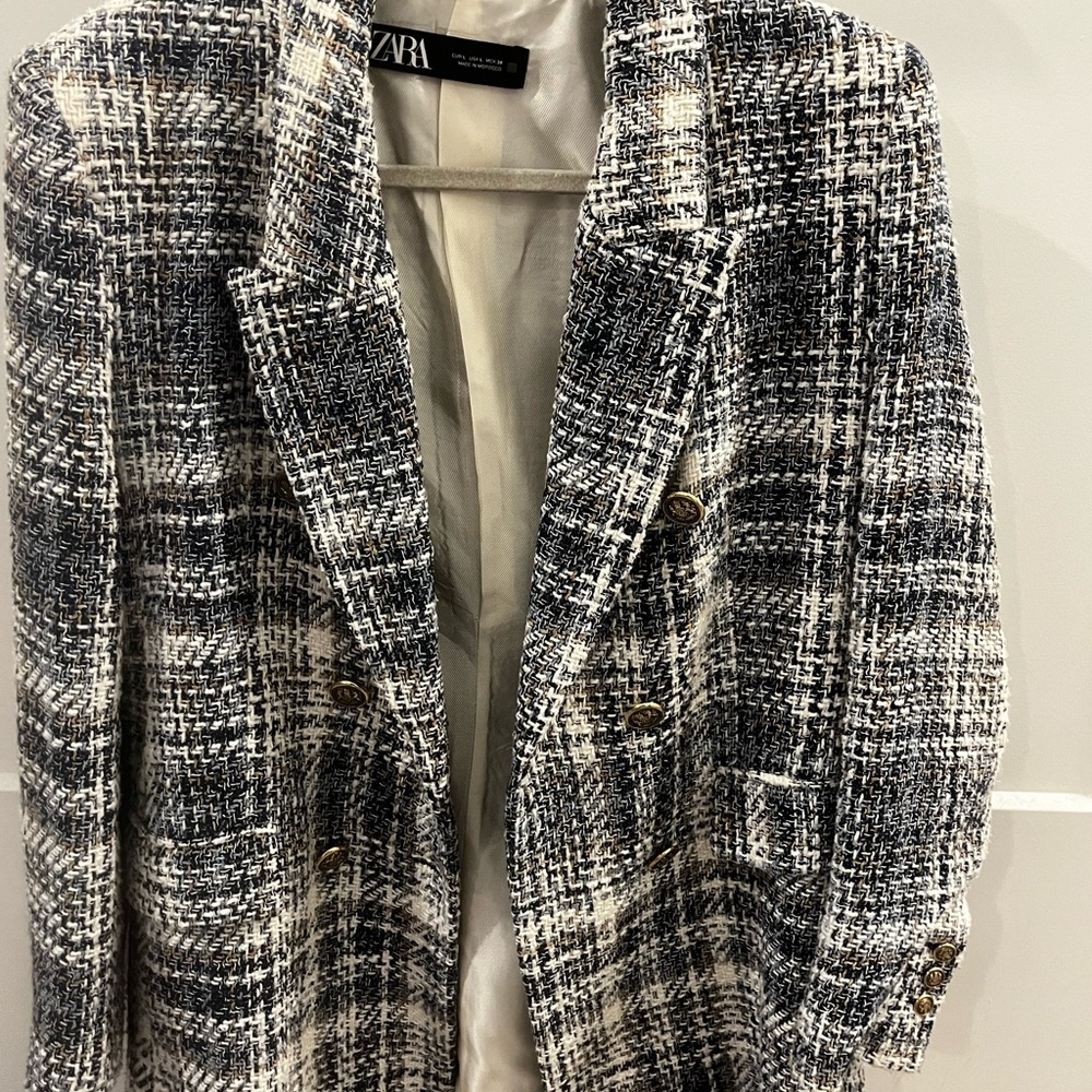 Zara Women's Blue and White Tweed jacket